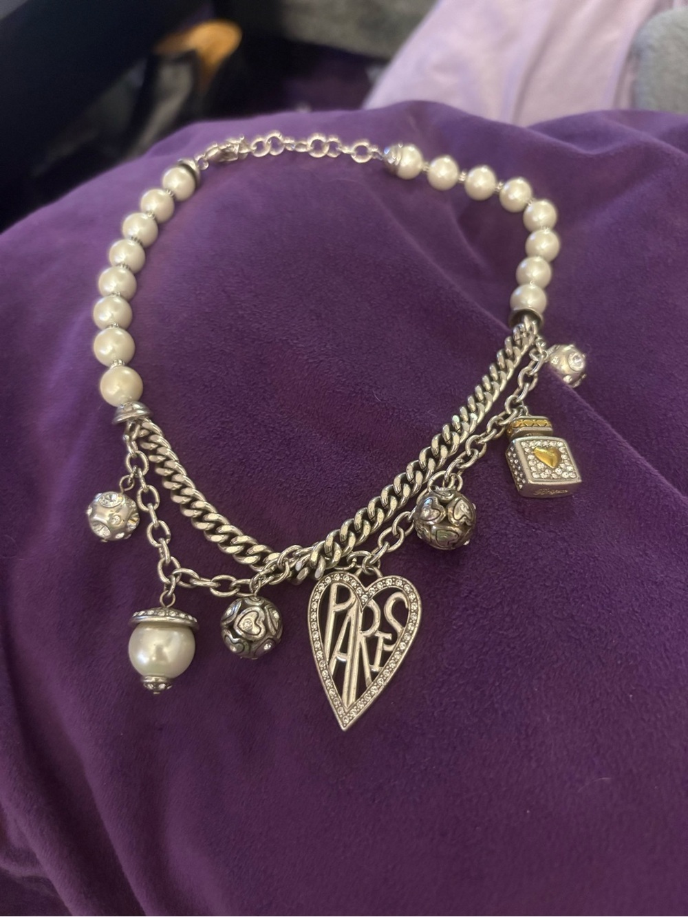 Brighton Silver-Tone Pearl Charm Necklace with 'Paris' Heart Pendant